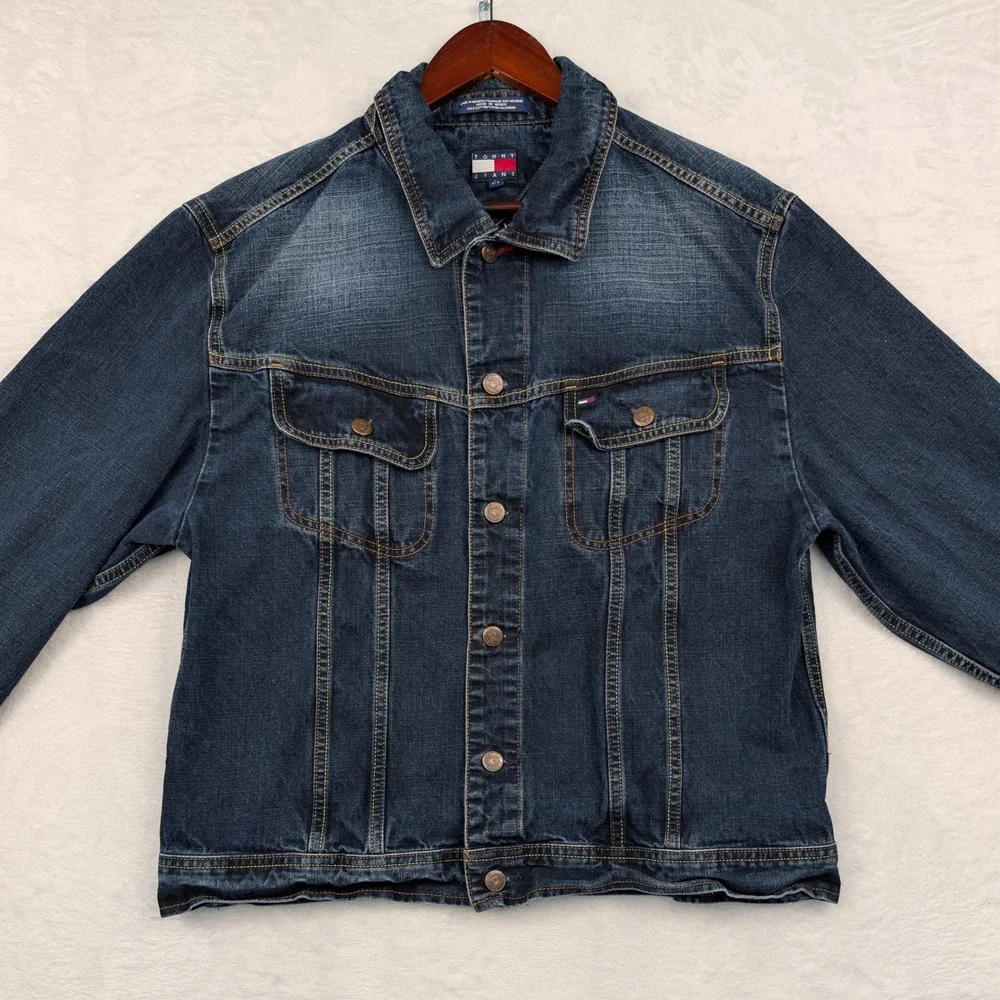 VTG Tommy Jeans Jacket Men's Large Blue Dark Wash Denim Trucker‎ Streetwear 90s